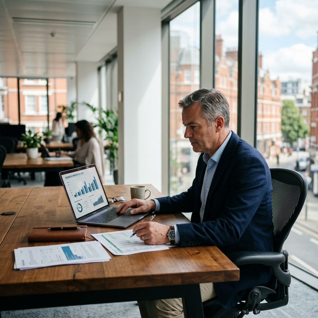 A UK small business owner reviewing financial documents on a laptop inside a modern office space.