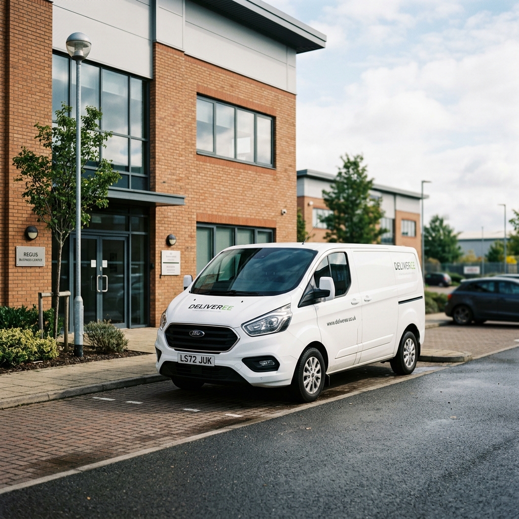 A sleek modern commercial delivery van parked outside a contemporary UK business office.