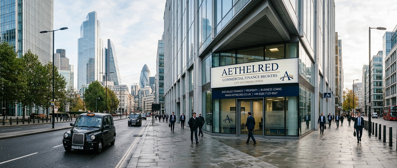 A UK business owner meeting with a commercial finance broker in a modern office.