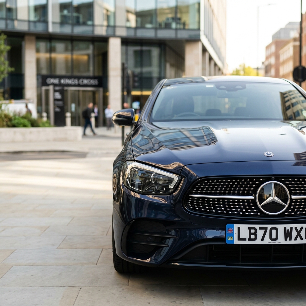 A modern executive business car parked outside a contemporary UK office building in London.
