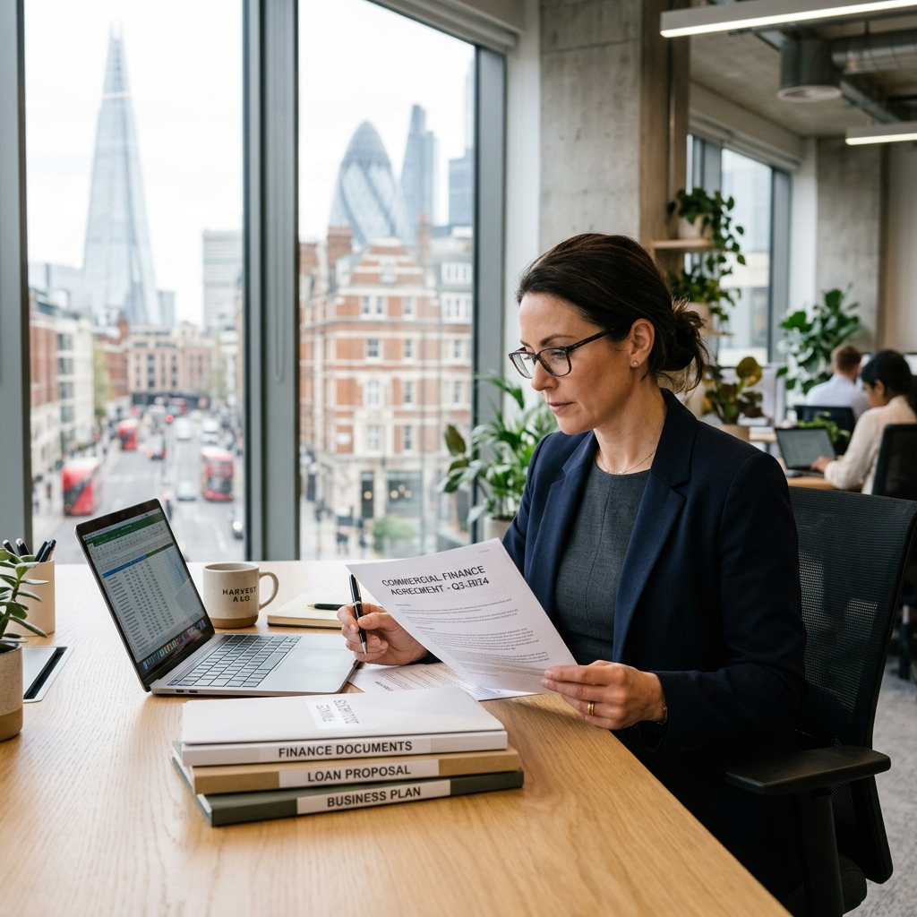 A UK business owner reviewing commercial finance and funding documents in a modern office.
