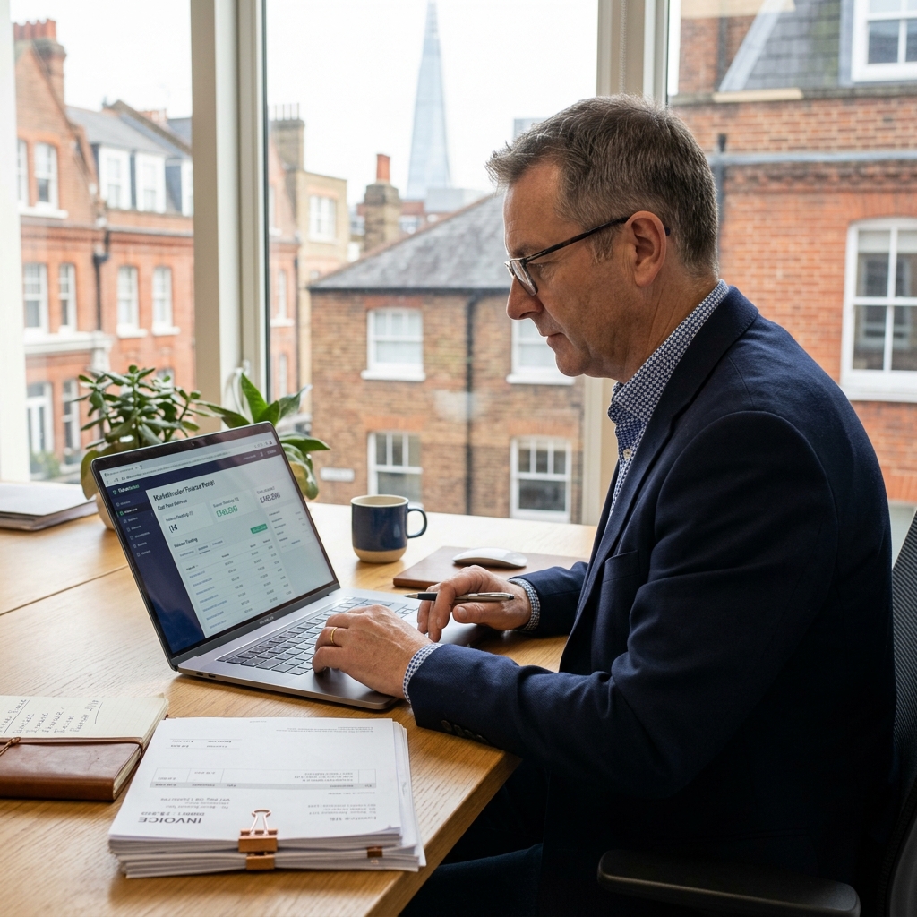 A UK business owner reviewing invoice finance paperwork on a laptop in a modern office.