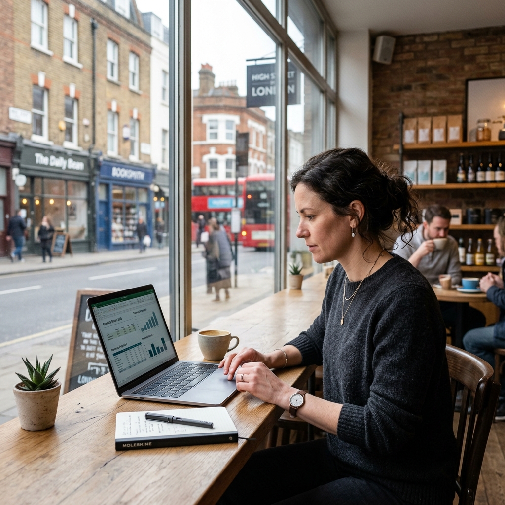A UK small business owner reviewing financial figures on a laptop inside a modern coffee shop office.