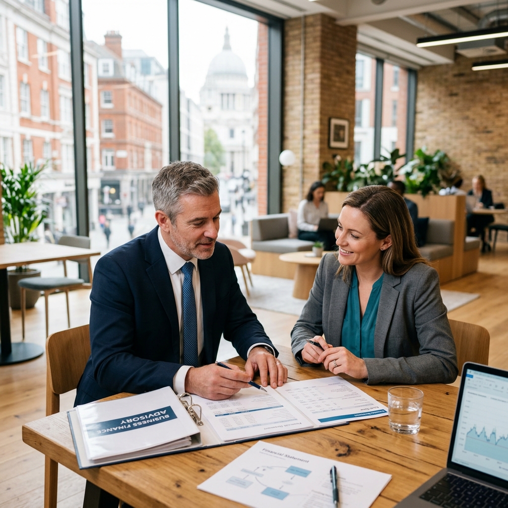 A business finance broker discussing funding options with a UK SME owner in a modern commercial office.